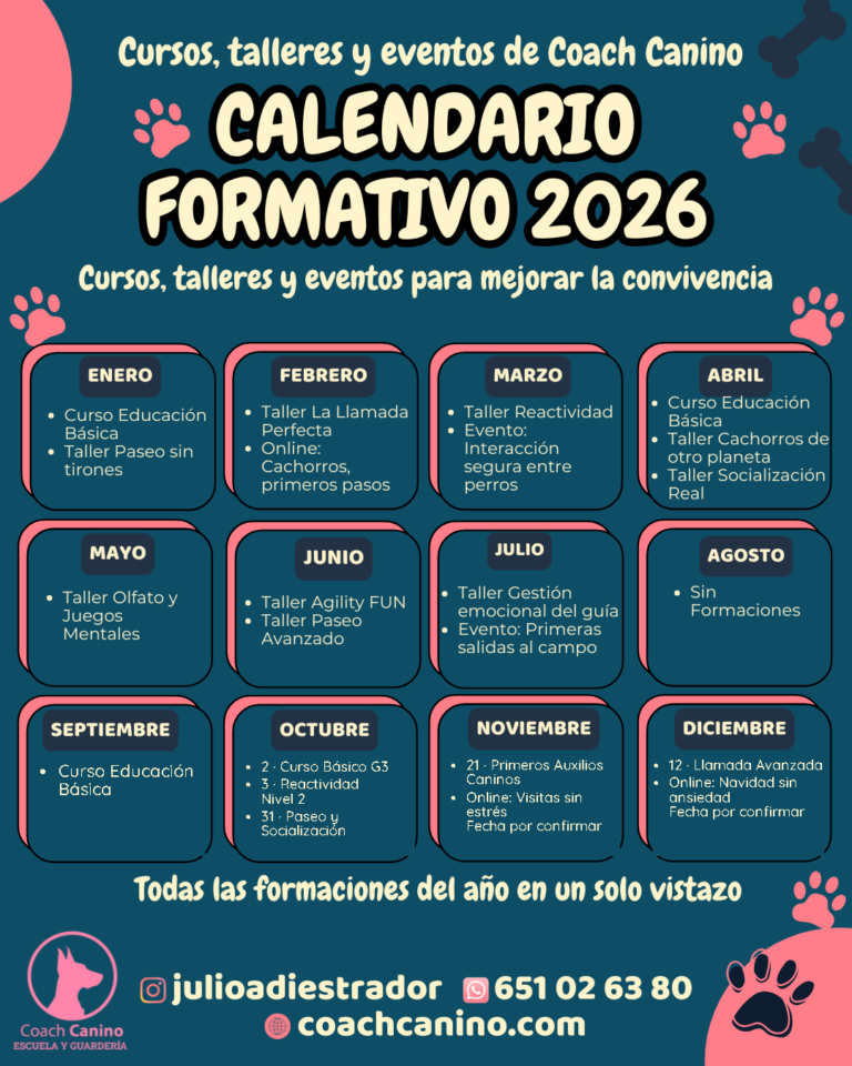 Calendario formativo 2026 de Coach Canino con las fechas definitivas de octubre, noviembre y diciembre